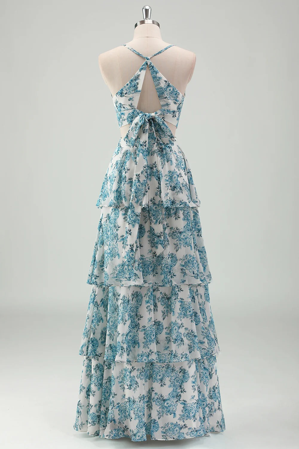 Teal Floral Tiered Ruffle Maxi Dress with Back Bow Cutout