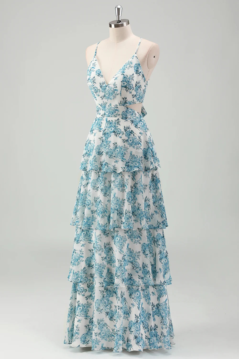 Teal Floral Tiered Ruffle Maxi Dress with Back Bow Cutout