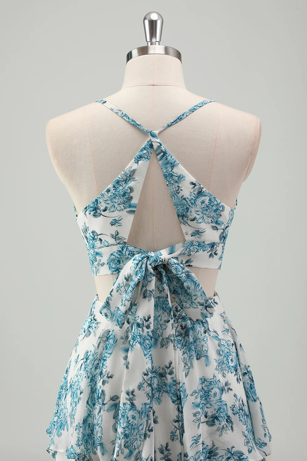 Teal Floral Tiered Ruffle Maxi Dress with Back Bow Cutout