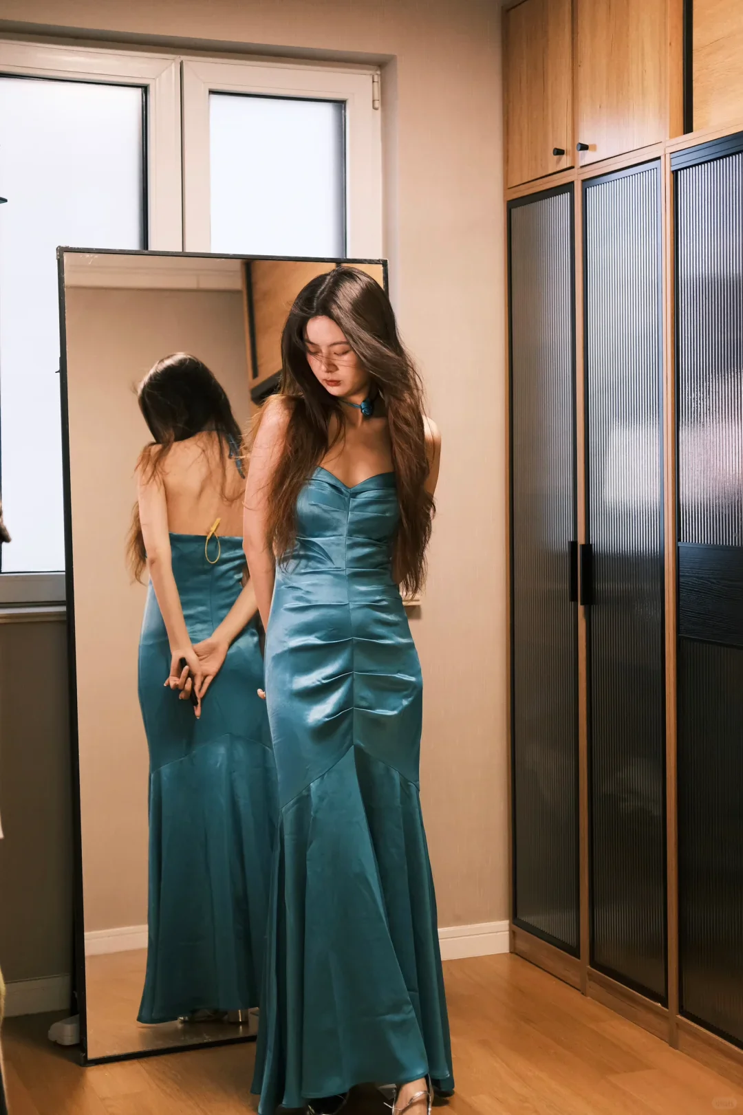 Teal Satin Sweetheart Neck Halter Strap Mermaid Floor-Length Evening Dress
