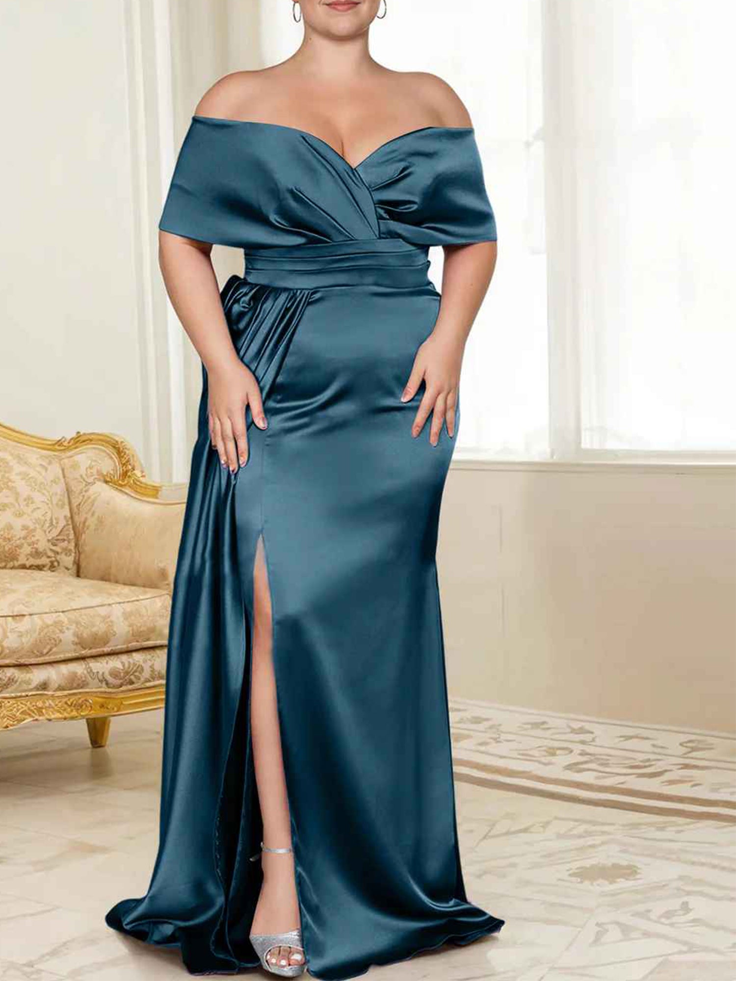 Purple Satin Sheath/column Off-the-Shoulder Floor-Length Evening Dress