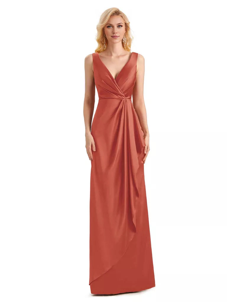 Elegantes vestidos de dama de honor formales, largos hasta el suelo, de satén suave, con escote en V y sin mangas