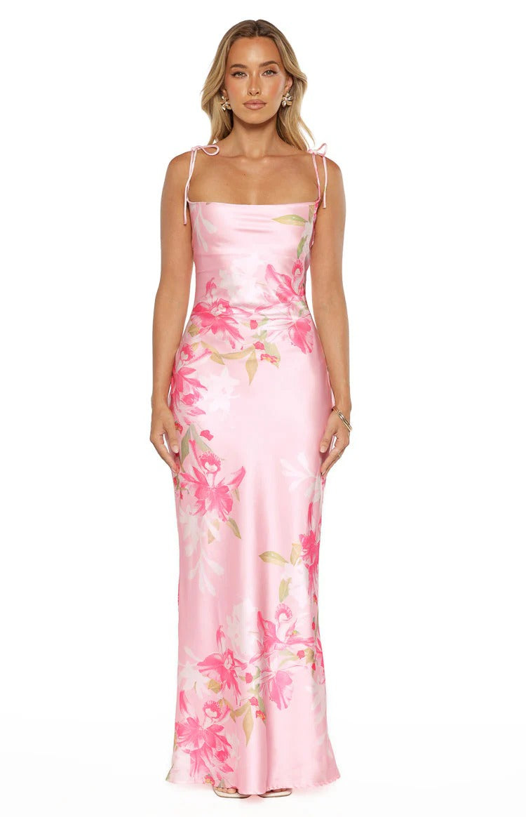 Tie-Strap Square Neck Lace-Up Back Formal Dress with Ruched Bodice