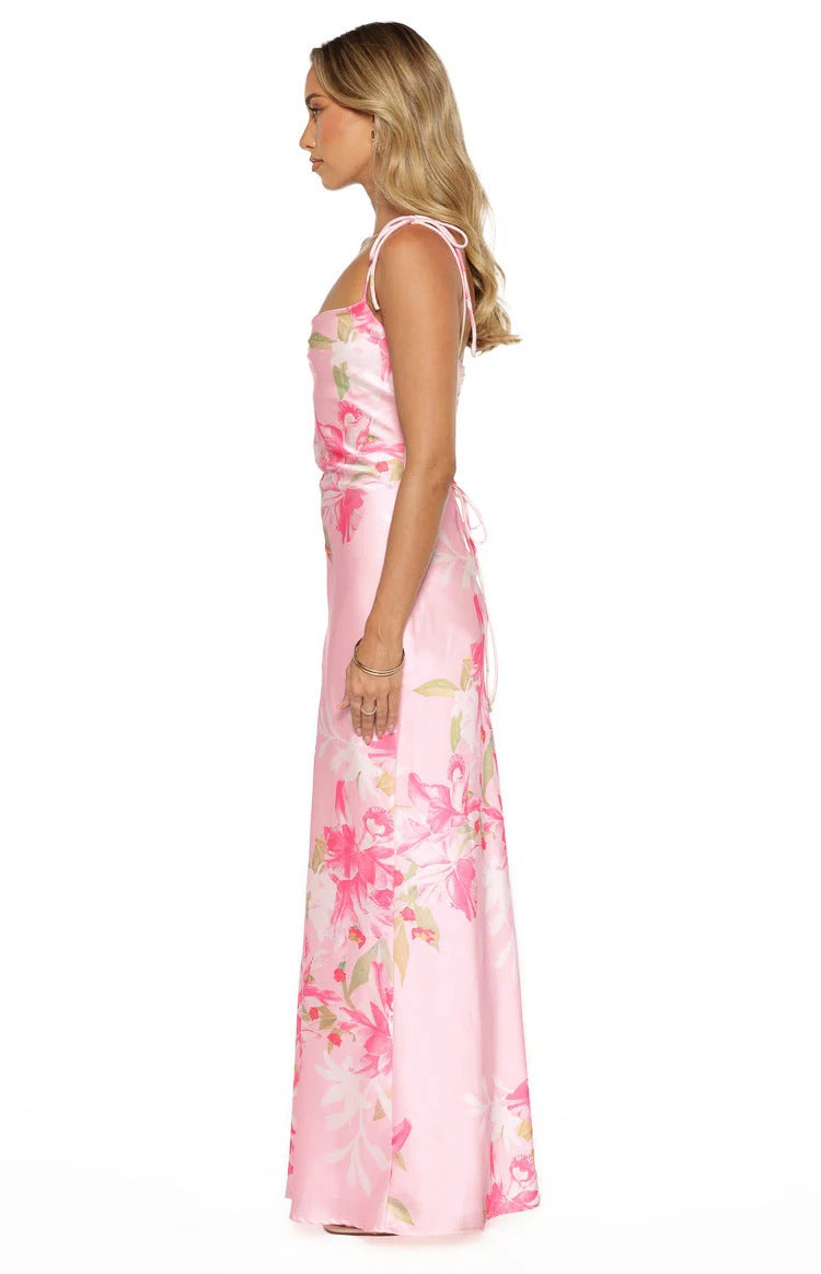Tie-Strap Square Neck Lace-Up Back Formal Dress with Ruched Bodice