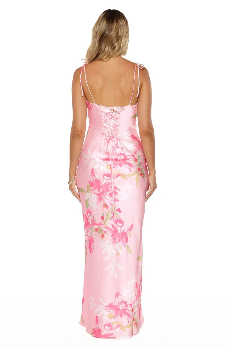 Tie-Strap Square Neck Lace-Up Back Formal Dress with Ruched Bodice