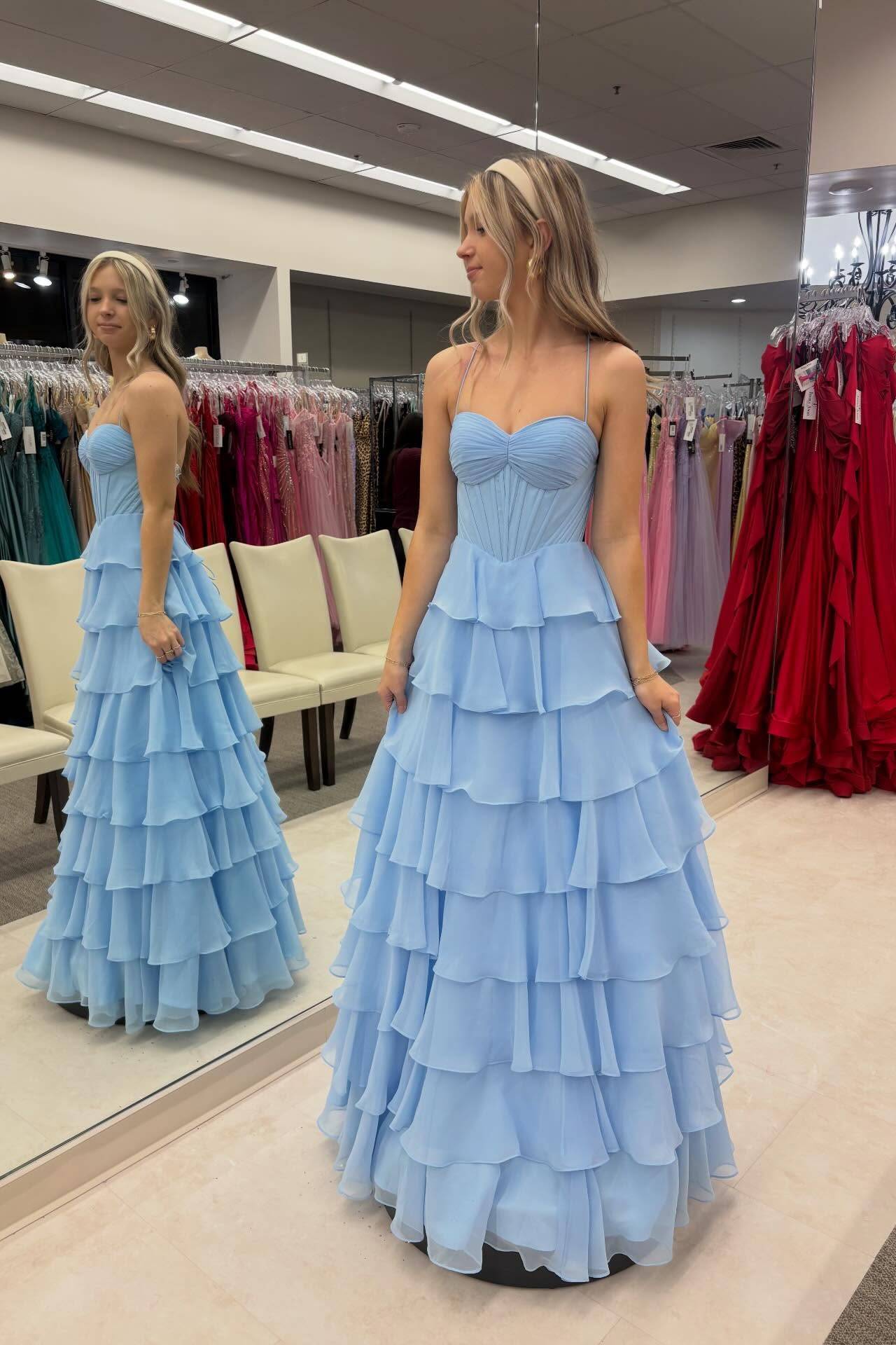 Sky Blue Chiffon A-Line Floor-Length Bridesmaid Dress with Sweetheart Neckline