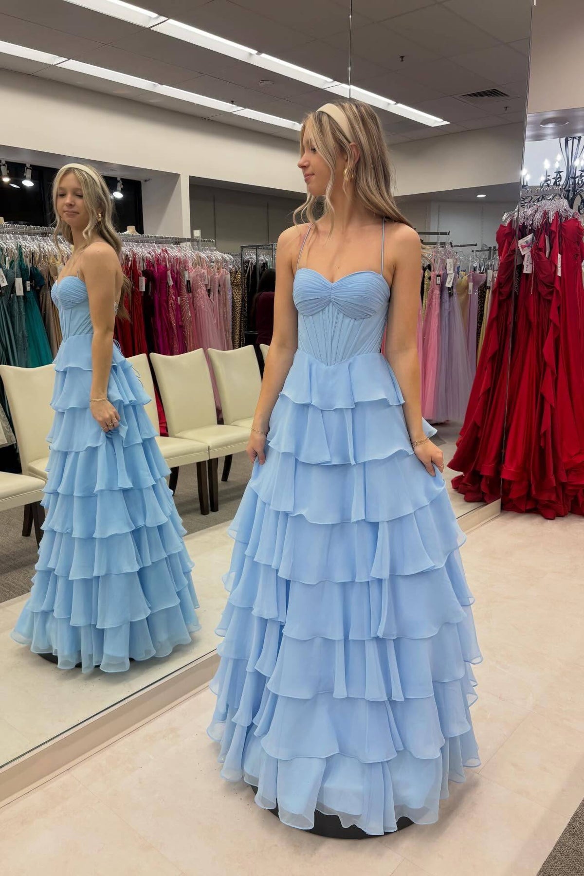 Sky Blue Chiffon A-Line Floor-Length Bridesmaid Dress with Sweetheart Neckline