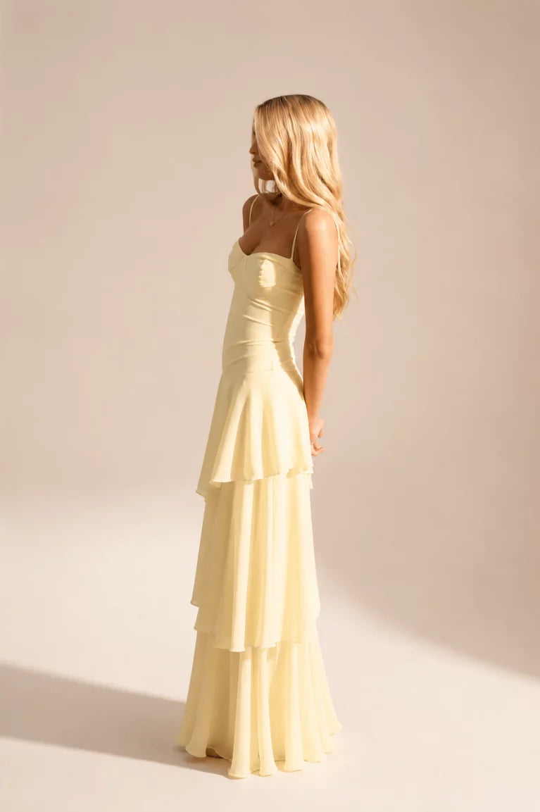 Sky Blue Tiered Ruffle Prom Dress with Corset Bodice, Spaghetti Straps & High Low Hem