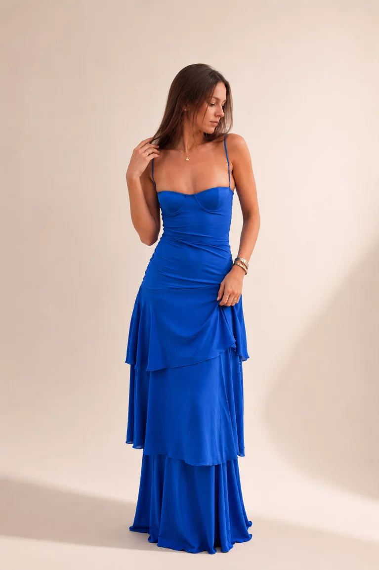 Sky Blue Tiered Ruffle Prom Dress with Corset Bodice, Spaghetti Straps & High Low Hem