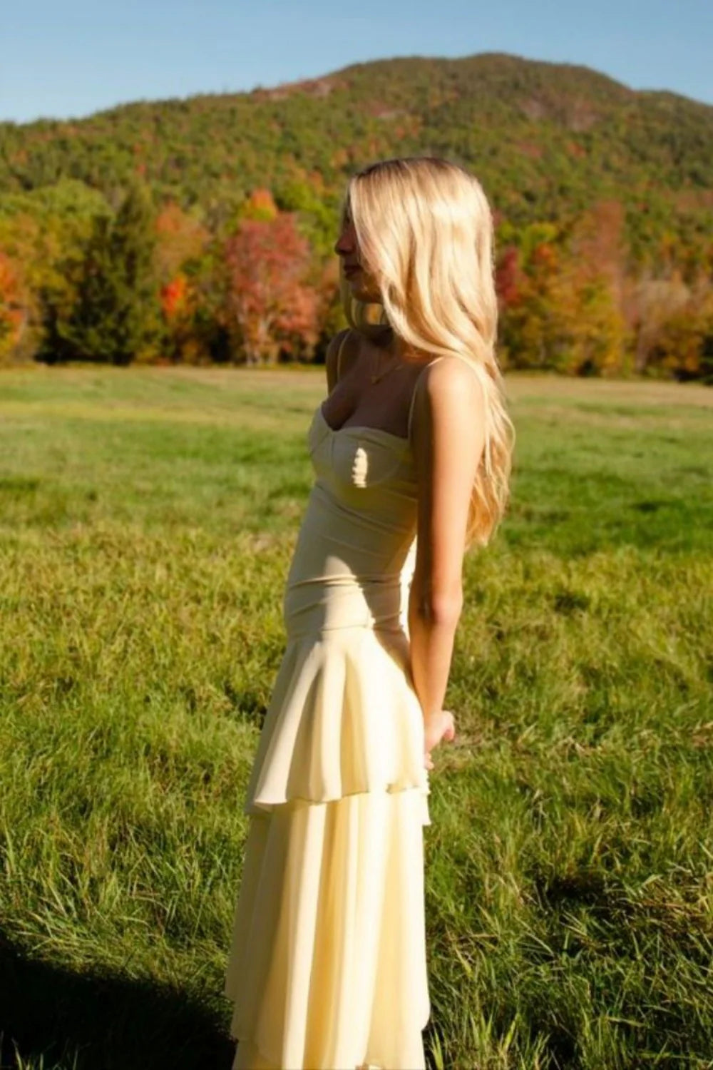 Tiered Ruffle Prom Dress with Corset Bodice, Spaghetti Straps and Asymmetrical Hem