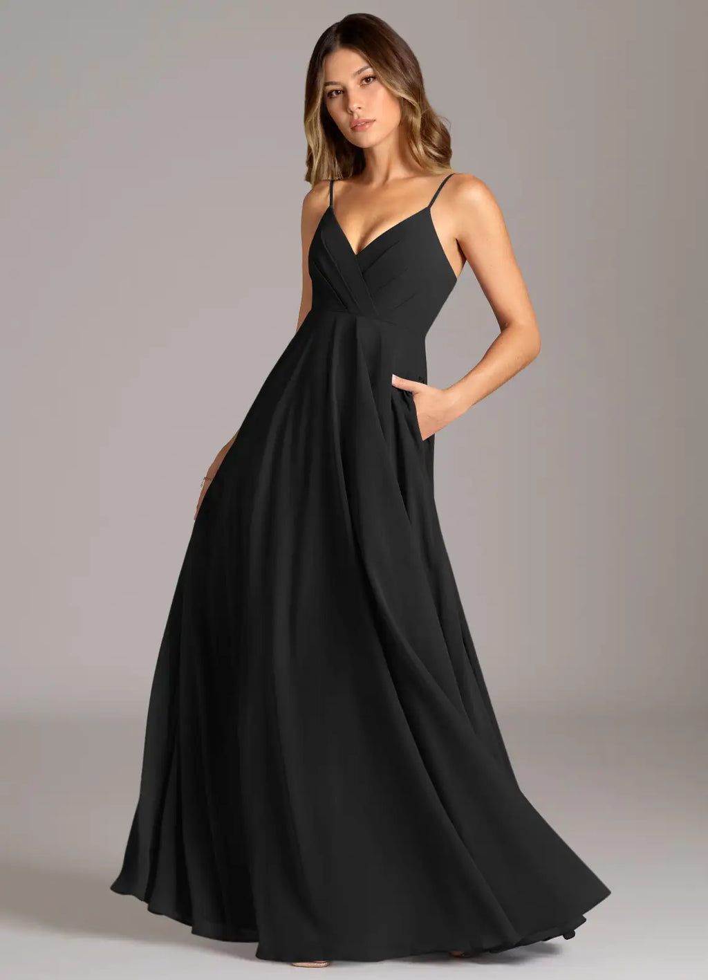 Black Chiffon A-Line V-Neck Floor-Length Gown with Pleated Bodice