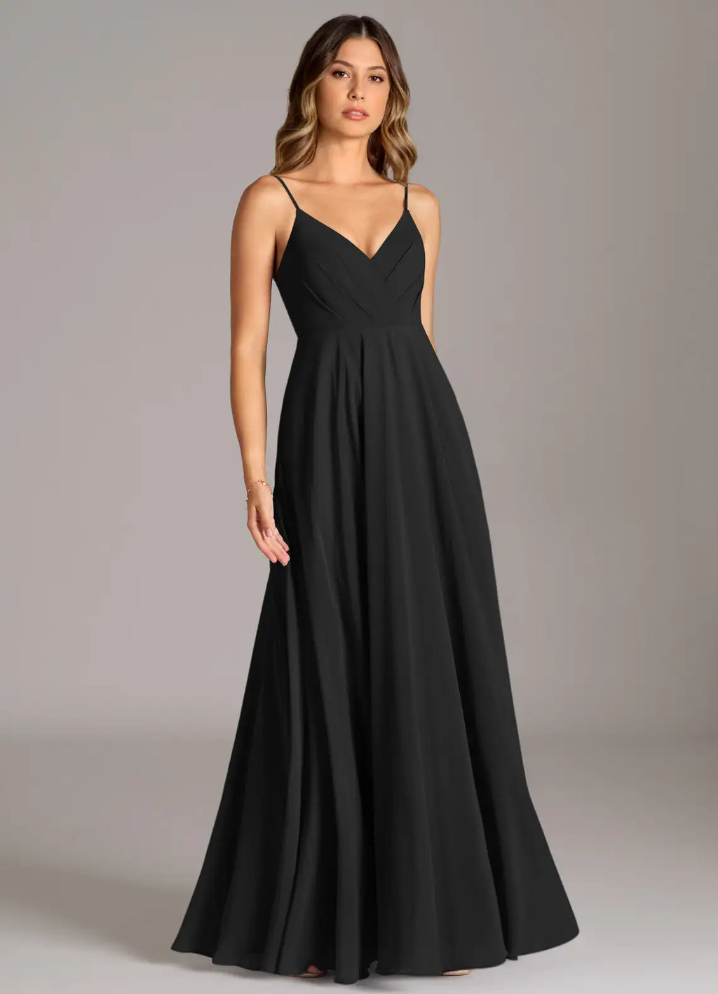 Black Chiffon A-Line V-Neck Floor-Length Gown with Pleated Bodice