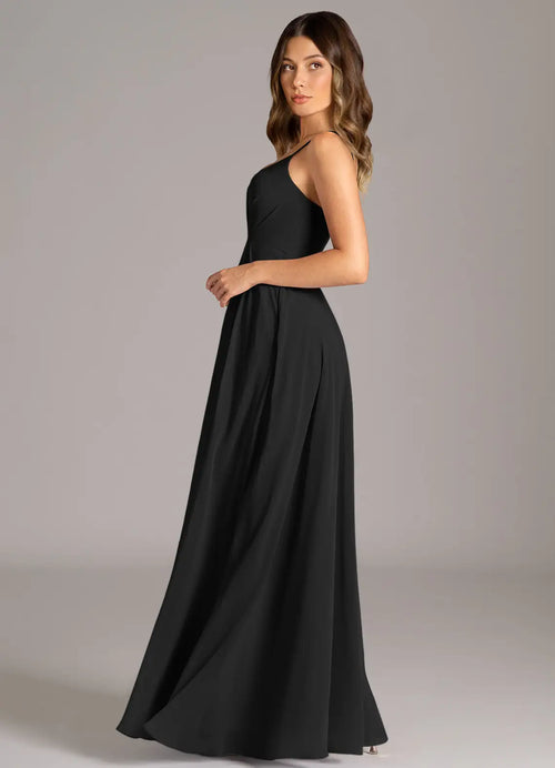 Black Chiffon A-Line V-Neck Floor-Length Gown with Pleated Bodice