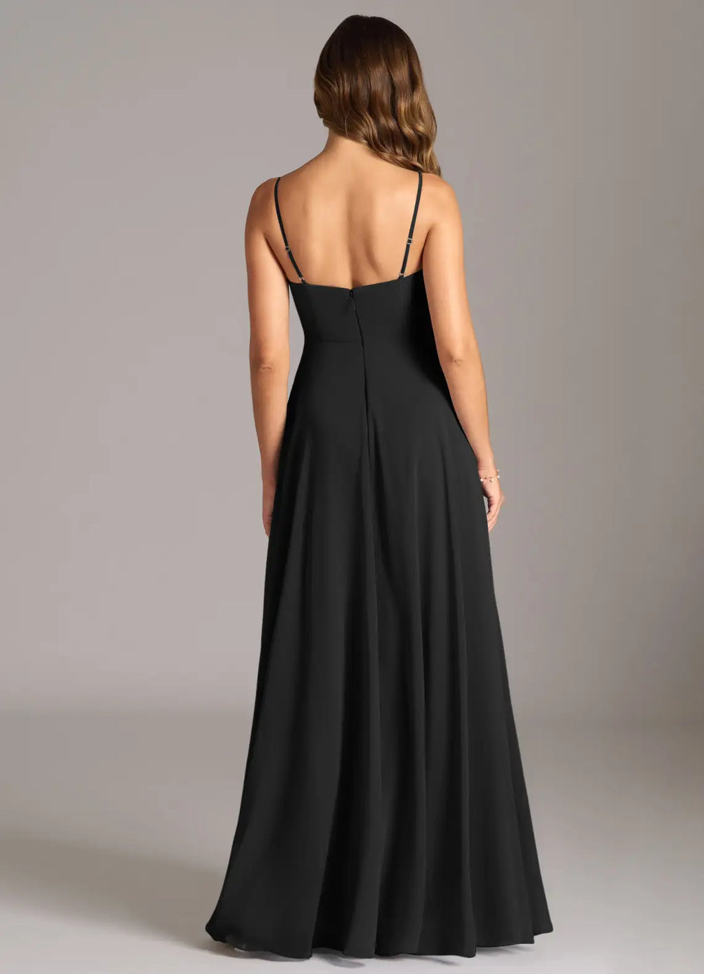 Black Chiffon A-Line V-Neck Floor-Length Gown with Pleated Bodice