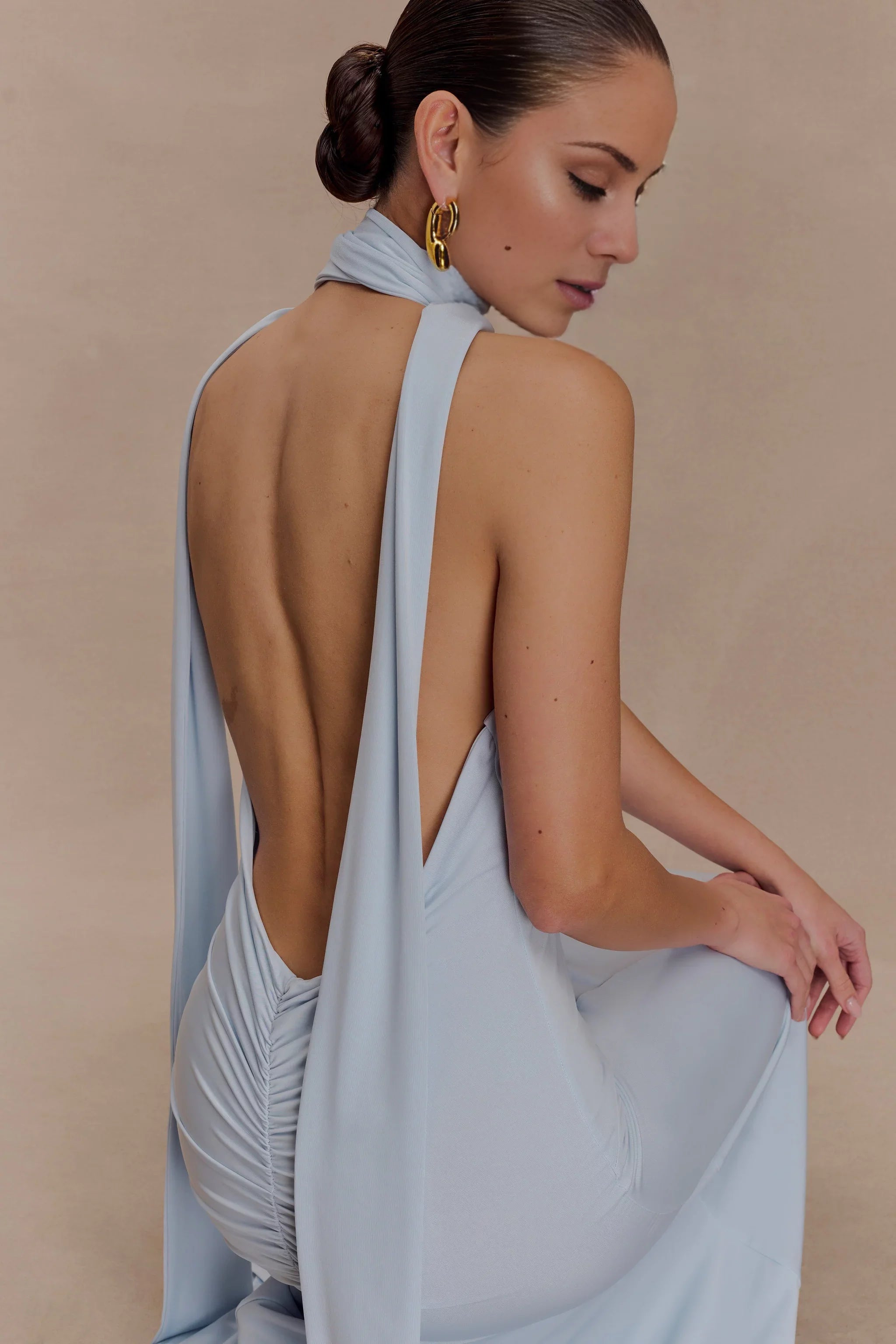 Timeless Halter-Neck Sleeveless Plunging V-Back Ruched Floor-Length Evening Dress