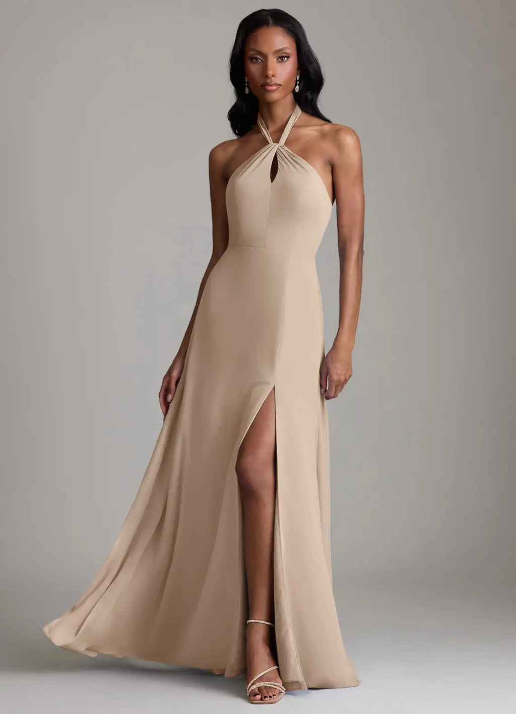 Sand Chiffon A-Line Floor-Length Bridesmaid Dress with Halter Neckline, Backless Design & High Slit