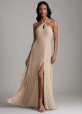Sand Chiffon A-Line Floor-Length Bridesmaid Dress with Halter Neckline, Backless Design & High Slit