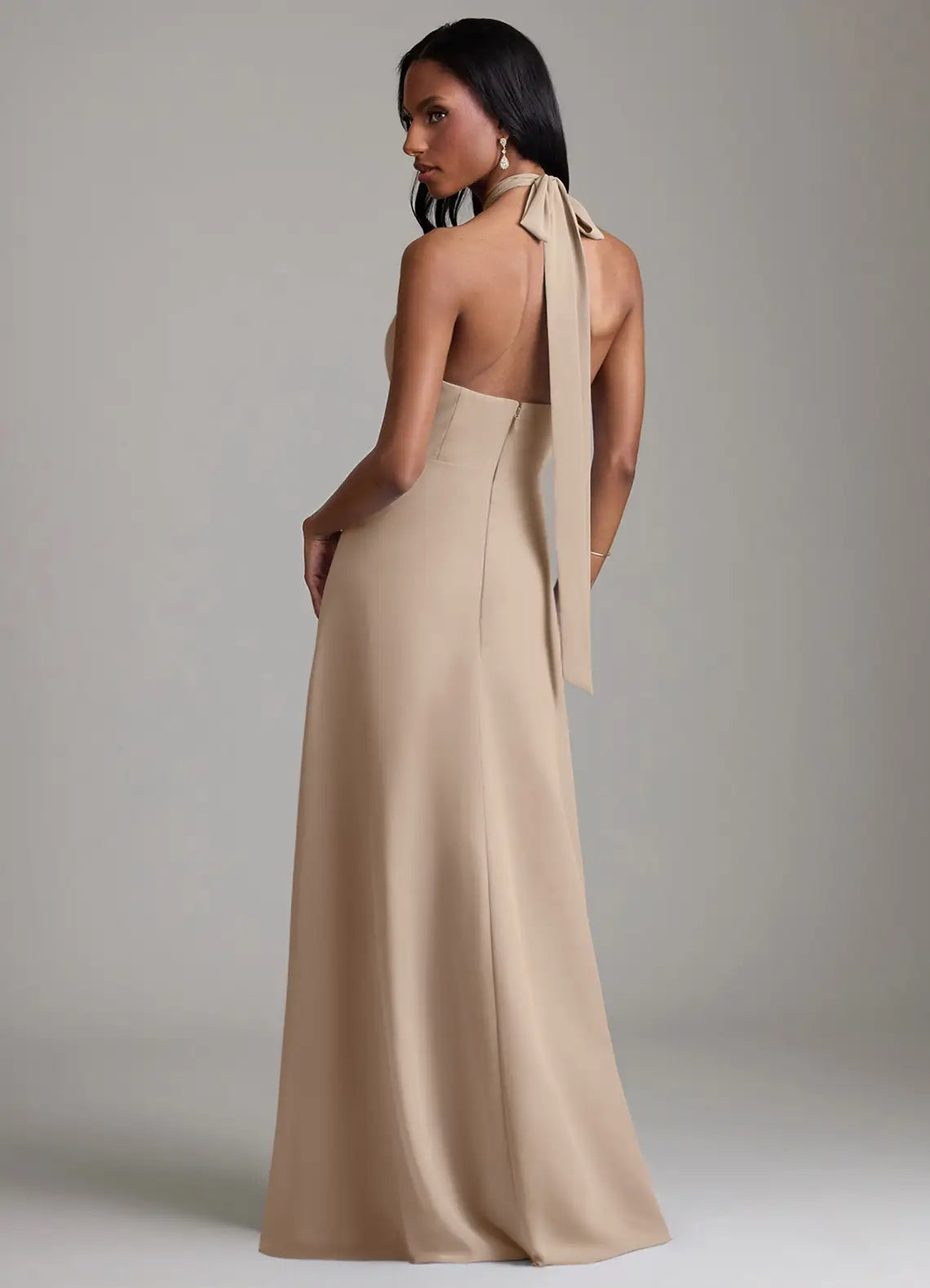Sand Chiffon A-Line Floor-Length Bridesmaid Dress with Halter Neckline, Backless Design & High Slit