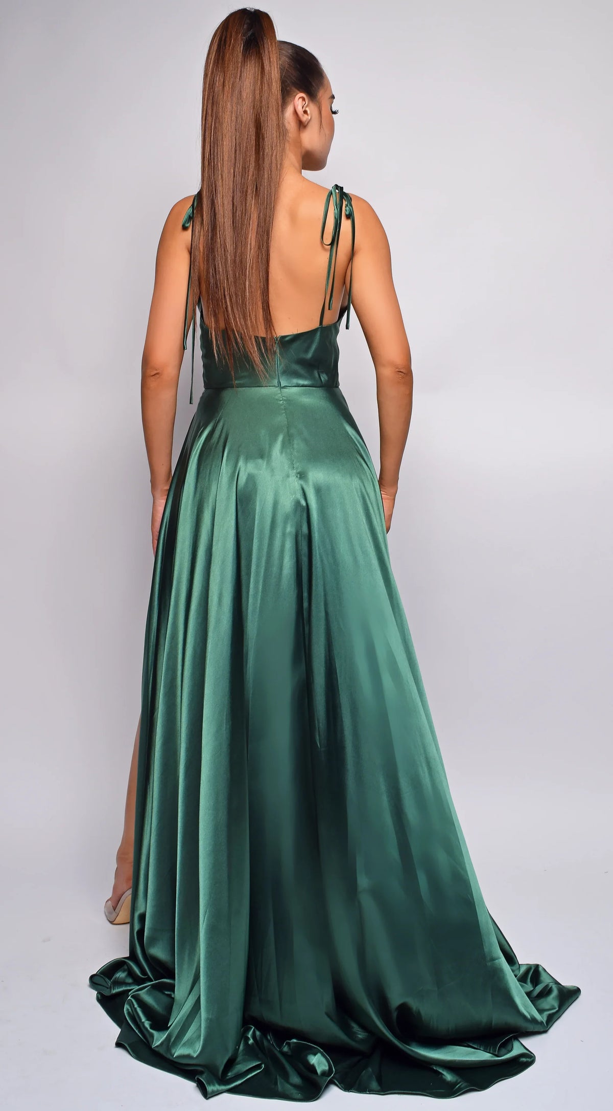 Emerald Satin A-Line Floor-Length Evening Dress with Cowl Neck & High Slit