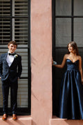 Dark Navy Sweetheart A-Line Satin Floor-Length Dress