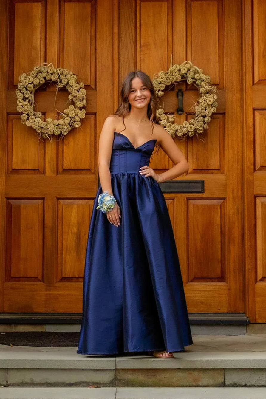 Dark Navy Sweetheart A-Line Satin Floor-Length Dress