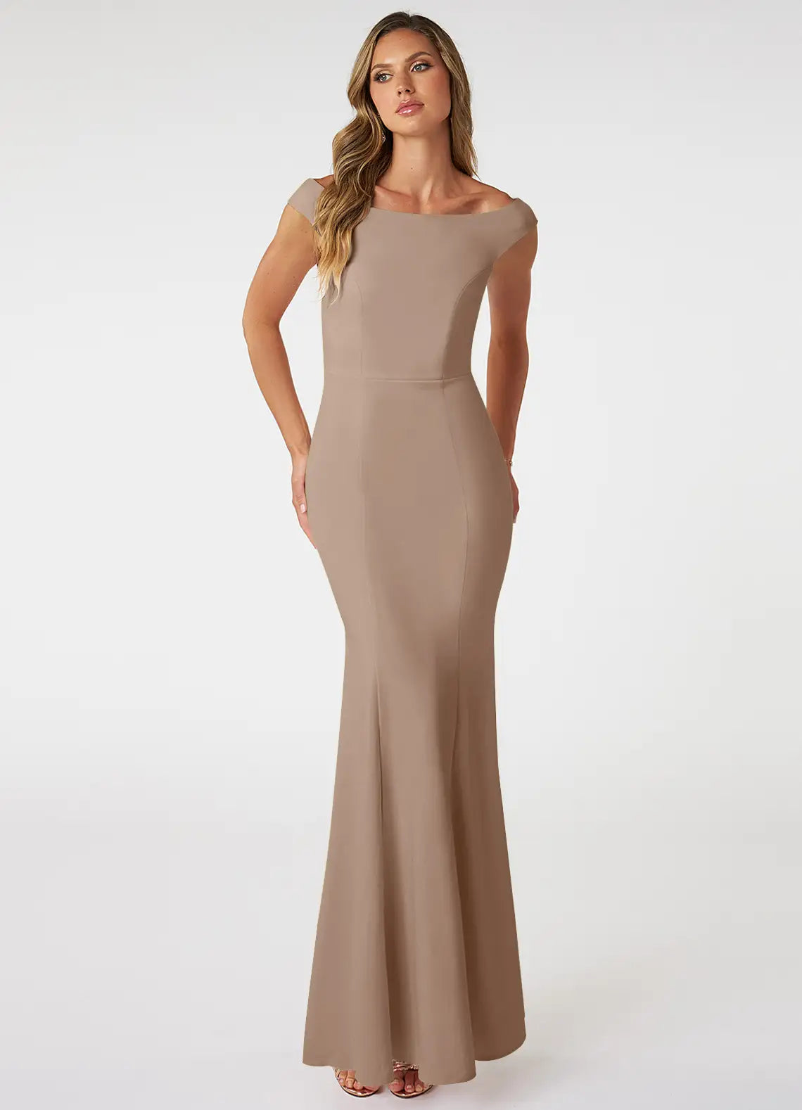 Mocha Crepe Off-the-Shoulder Mermaid Floor-Length Bridesmaid Dress