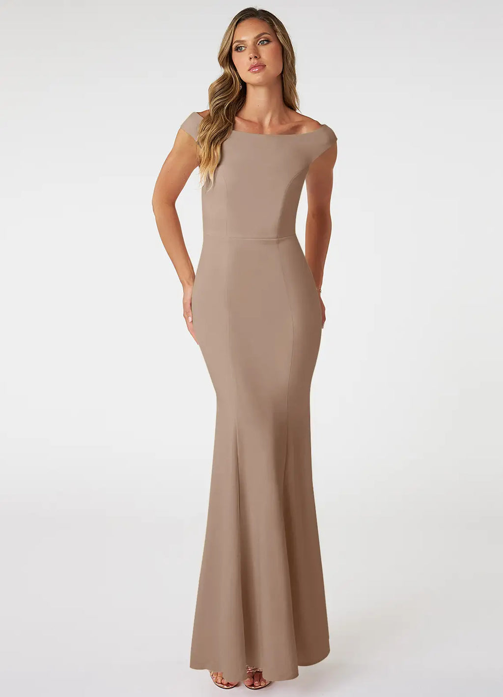 Mocha Crepe Off-the-Shoulder Mermaid Floor-Length Bridesmaid Dress