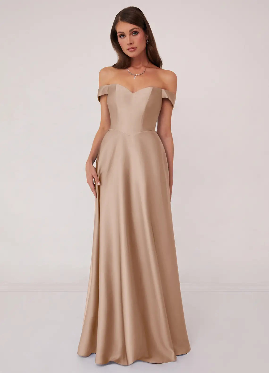 Champagne Satin A-Line Floor-Length Dress with Off-the-Shoulder Neckline