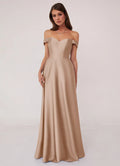 Champagne Satin A-Line Floor-Length Dress with Off-the-Shoulder Neckline