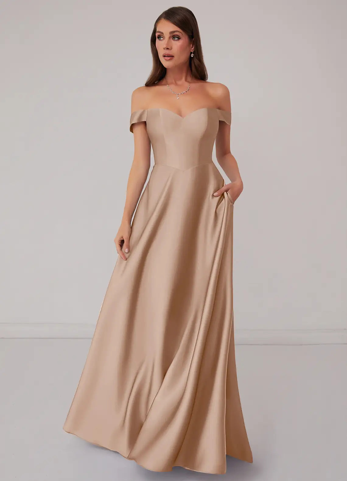 Champagne Satin A-Line Floor-Length Dress with Off-the-Shoulder Neckline
