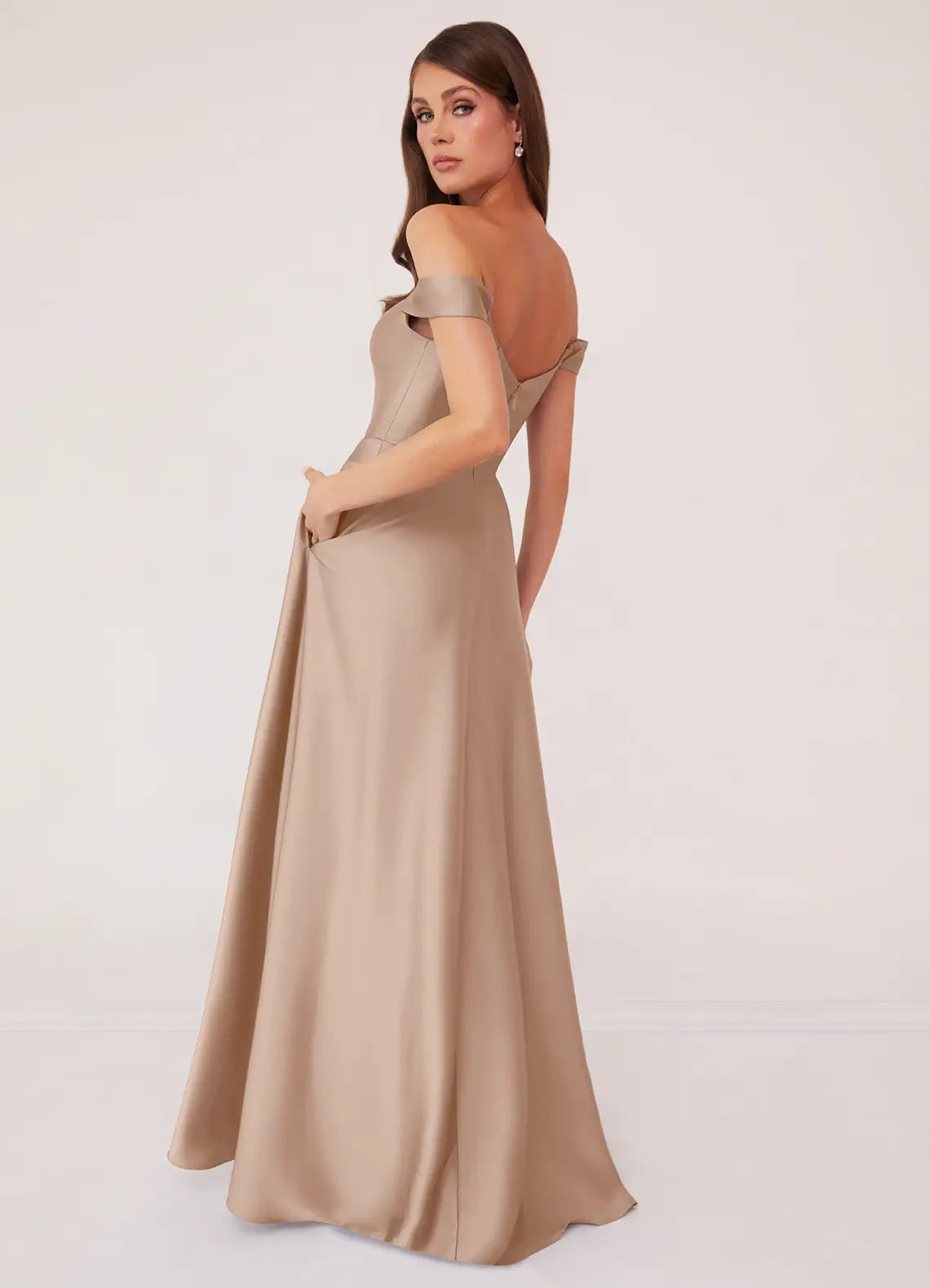 Champagne Satin A-Line Floor-Length Dress with Off-the-Shoulder Neckline