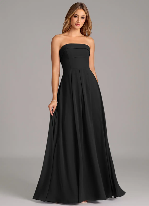 Black Chiffon Straight Neck A-Line Floor-Length Bridesmaid Dress