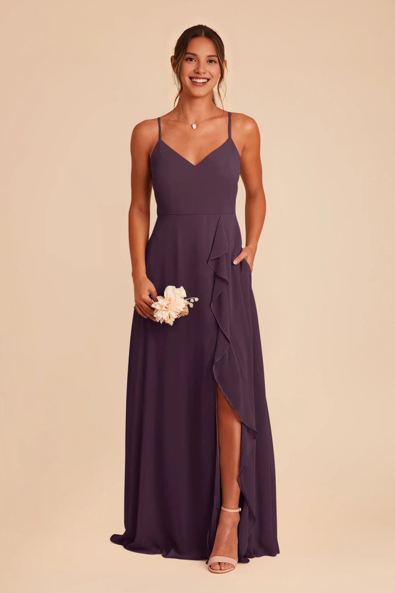 Trendy Plum V Neck Ruffles Chiffon Maxi Bridesmaid Dress