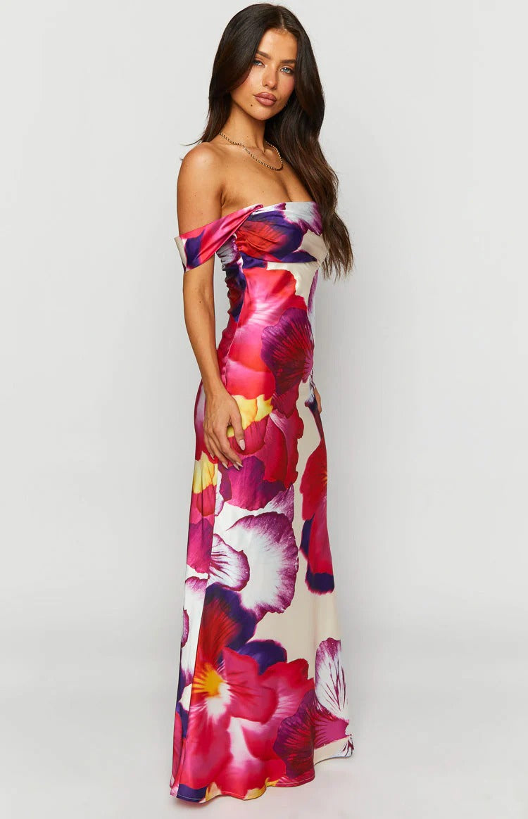 Tropical Hibiscus Off-Shoulder Maxi Dress – Satin Ruched Bodice Formal Dress with Mermaid Hem