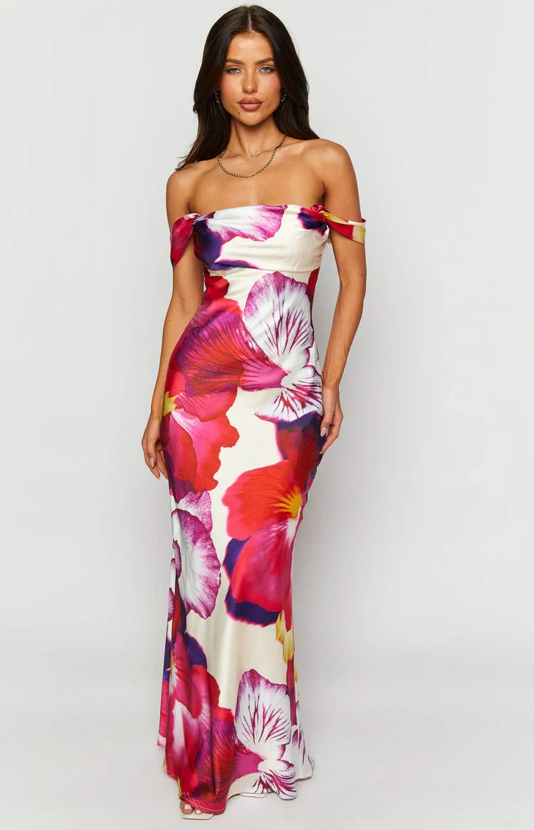 Tropical Hibiscus Off-Shoulder Maxi Dress – Satin Ruched Bodice Formal Dress with Mermaid Hem