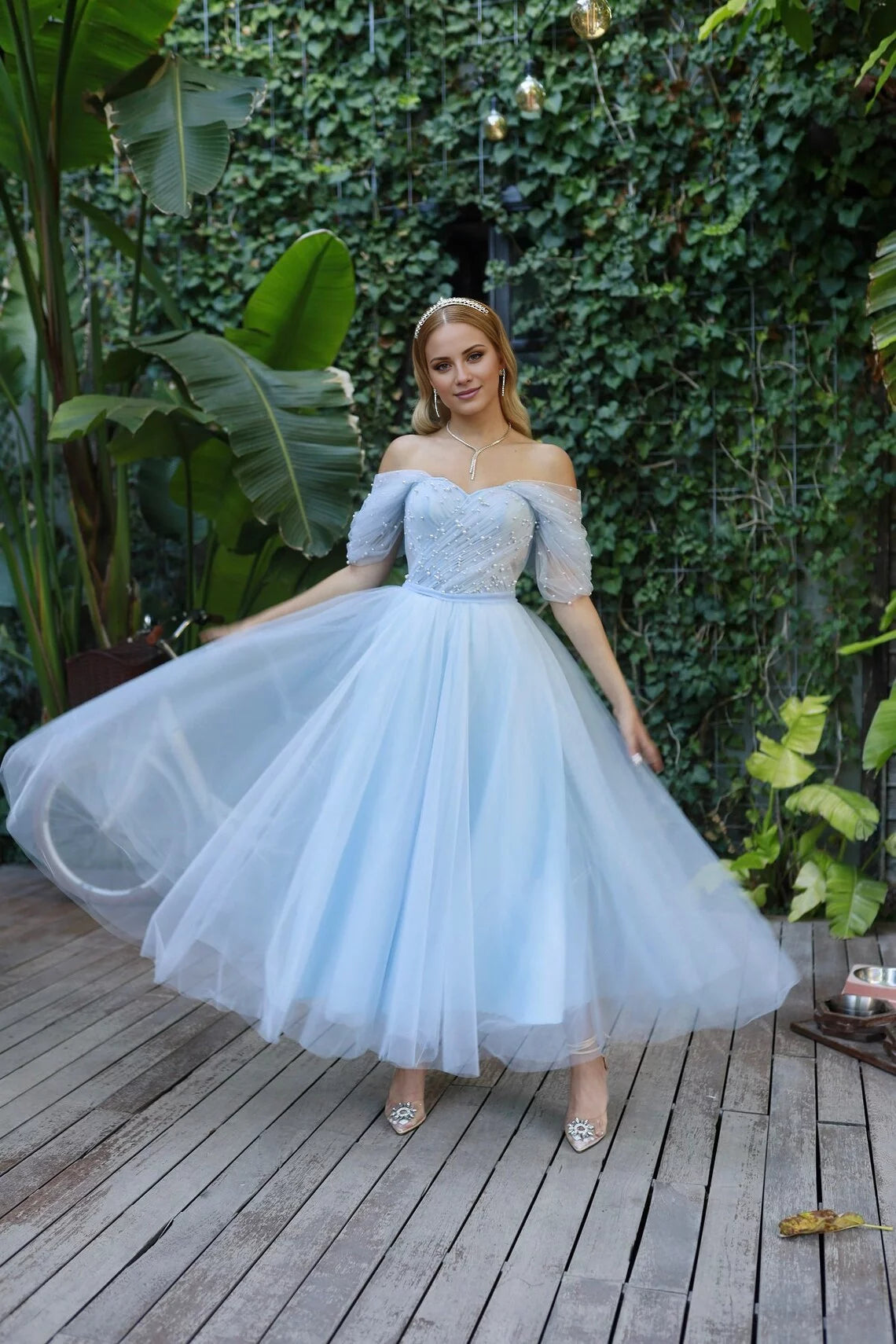 Tulle Ballgown Off-the-Shoulder Pearl-Embellished Sheer Sleeve Lace-Up Back Tea-Length Sky Blue Prom Dress