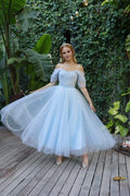 Sky Blue Off-the-Shoulder A-Line Tea-Length Bridesmaid Dress