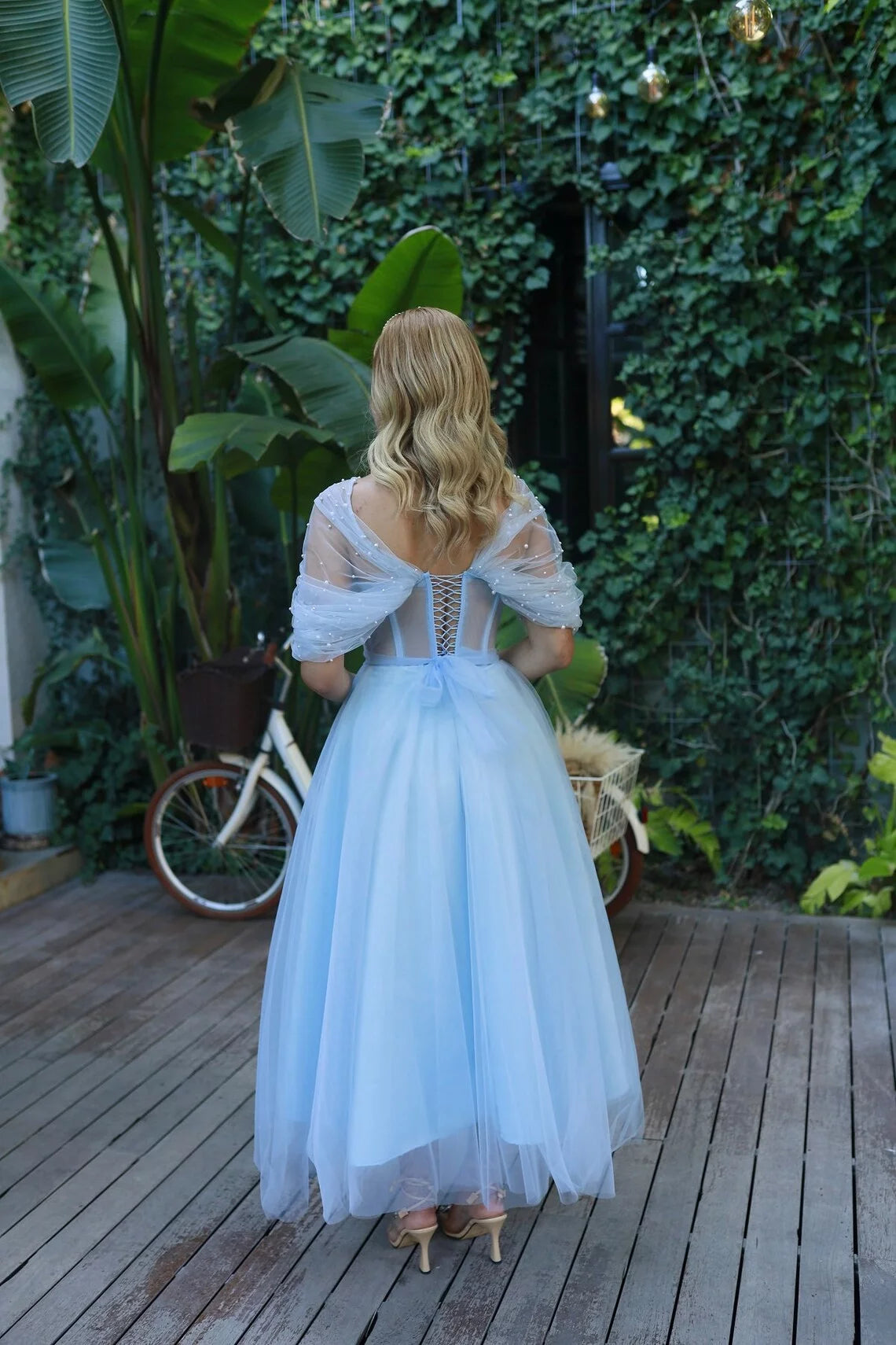 Tulle Ballgown Off-the-Shoulder Pearl-Embellished Sheer Sleeve Lace-Up Back Tea-Length Sky Blue Prom Dress
