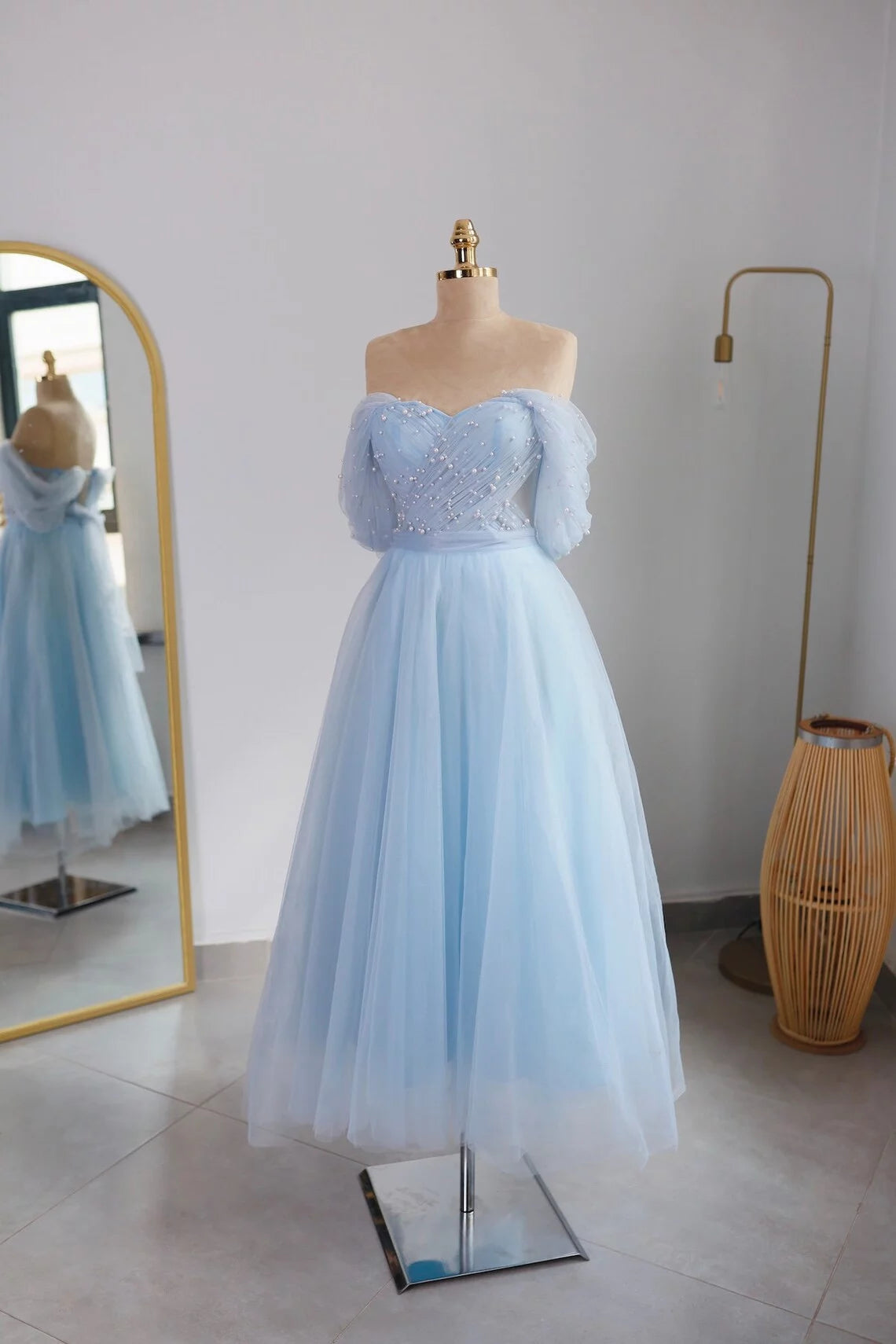 Sky Blue Off-the-Shoulder A-Line Tea-Length Bridesmaid Dress