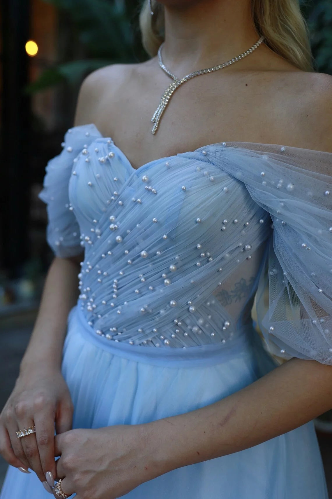 Sky Blue Off-the-Shoulder A-Line Tea-Length Bridesmaid Dress