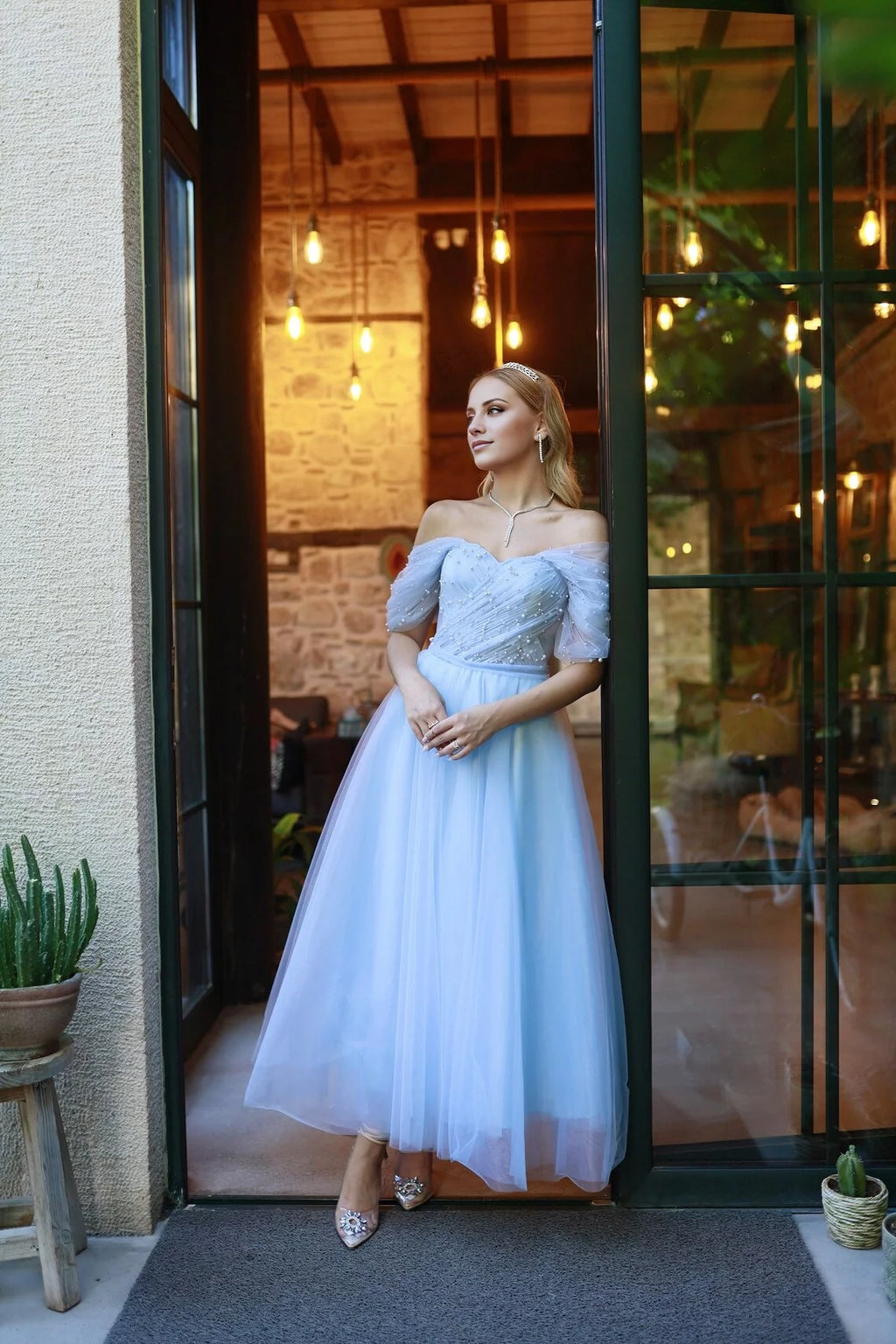 Sky Blue Off-the-Shoulder A-Line Tea-Length Bridesmaid Dress