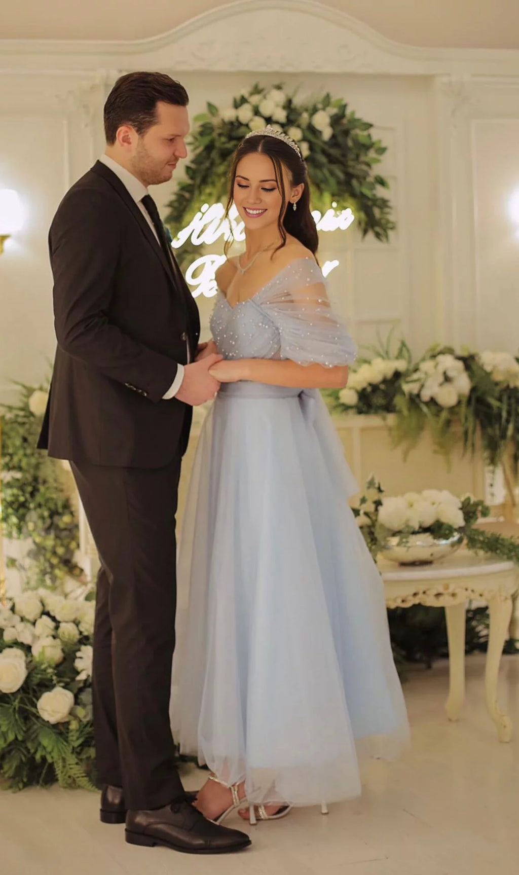 Sky Blue Off-the-Shoulder A-Line Tea-Length Bridesmaid Dress