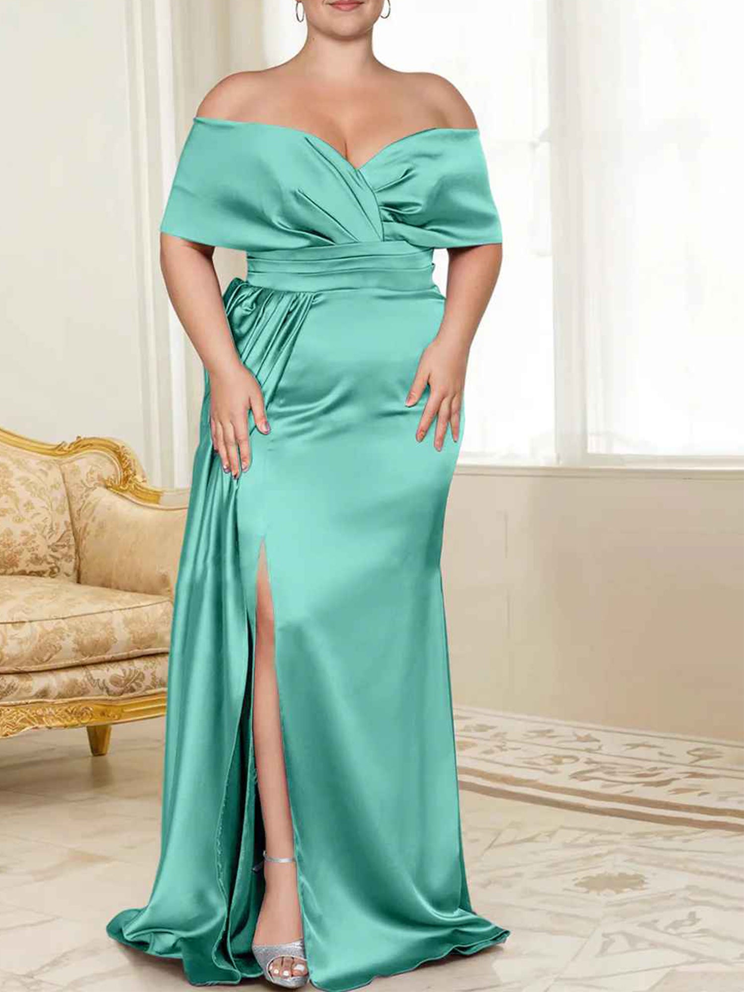 Draped Bodice Blushing Pink Satin Off-the-Shoulder Sheath/column Floor-Length Bridesmaid Dress