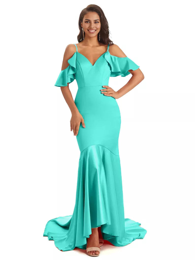 Soft Satin Asymmetric Spaghetti Straps Sleeveless Mermaid Cold Shoulder Bridesmaid Dresses