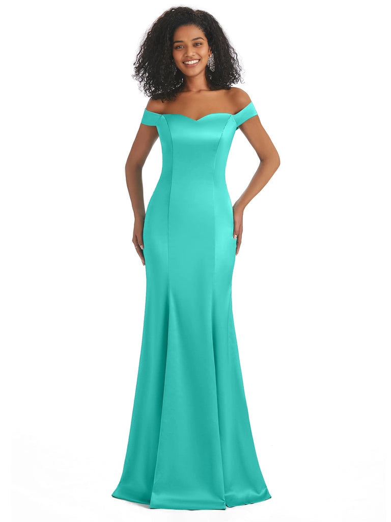 Vestidos de dama de honor largos, sencillos, de satén suave, sin mangas y con hombros descubiertos, de corte sirena