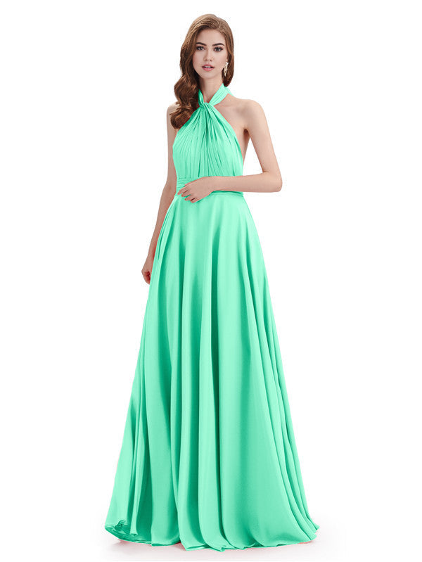 Simple A-Line High Neck Halter Sleeveless Pleats Chiffon Floor Length Bridesmaid Dresses