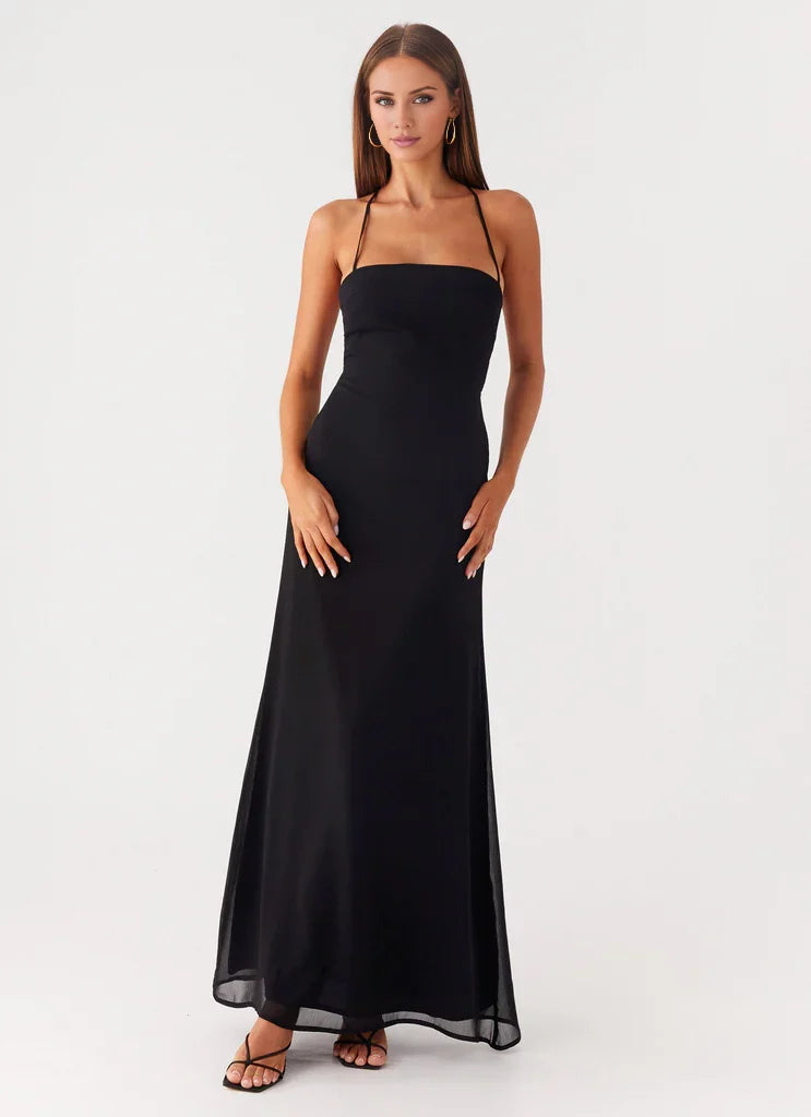 Black Crepe Floor-Length Evening Dress with Straight Neck, Backless & Spaghetti Straps