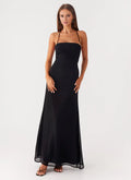 Black Crepe Floor-Length Evening Dress with Straight Neck, Backless & Spaghetti Straps