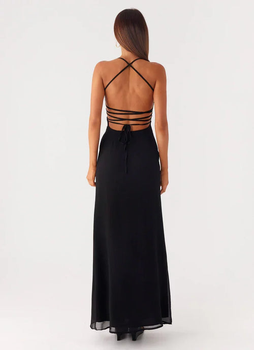Black Crepe Floor-Length Evening Dress with Straight Neck, Backless & Spaghetti Straps