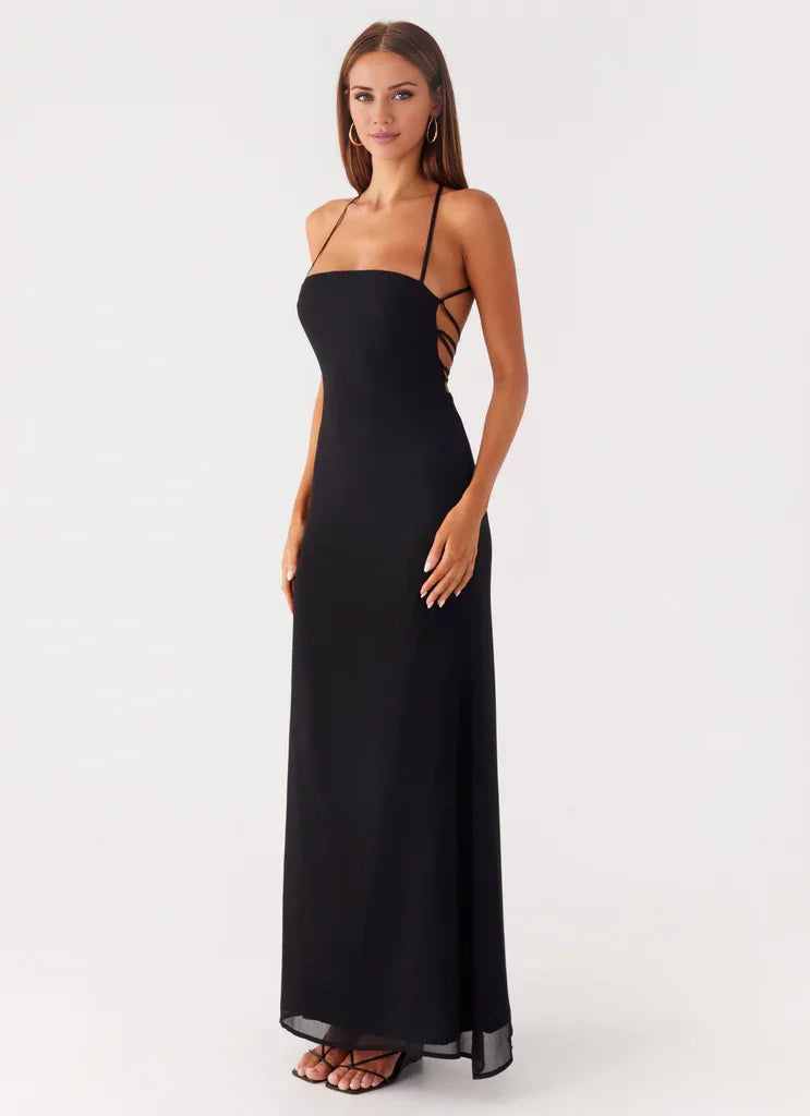 Black Crepe Floor-Length Evening Dress with Straight Neck, Backless & Spaghetti Straps
